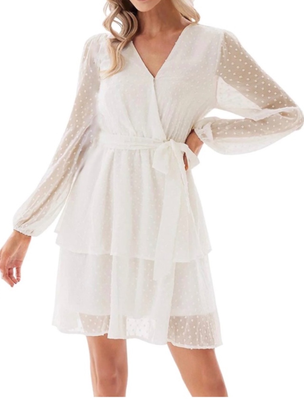 🌹Grace Karin Swiss Dot Dress Wrap V Neck Lantern Long Sleeve Dress - size S